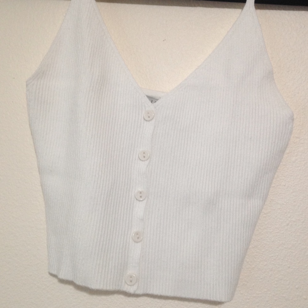 IRIS White Stretch Knit Ribbed V-Neck Button Front Tank Crop Top - Picture 2 of 6